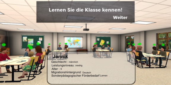 Ein digitales Klassenzimmer aus dem Projekt EQuaL-I mit vier Tischen, woran unterschiedliche Schülerinnen und Schüler sitzen. Am oberen Bildrand ist ein Textfeld mit weißen Schriftzug auf dunkelgrauen Grund "Lernen Sie die Klassen kennen! Weiter". Am unteren Bildrand befindet sich eine Infobox zu dem Schüler Jannik.