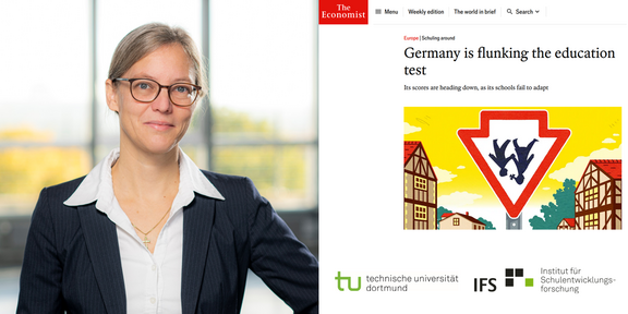 Foto von Prof. Dr. Nele McElvany neben einem Screenshot des Artikels vom "The Economist"