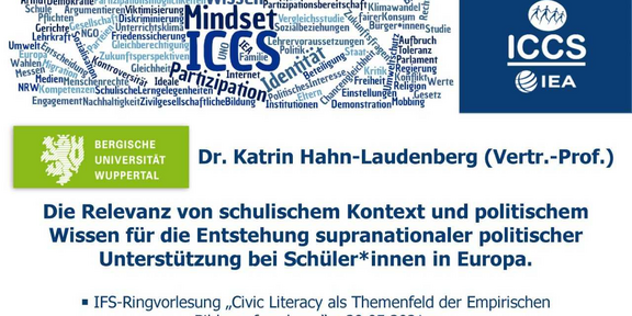 Titelbild der Veranstaltung IFS-Ringvorlesung Civic Literacy als Themenfeld der Empirischen Bildungsforschung vom 20.05.2021 mit dem dunkelblauen Schriftzug Dr. Katrin Hahn-Laudenberg (Vertr.-Prof.), Die Relevanz von schulischem Kontext und politischem Wissen für die Entstehung supranationaler politischer Unterstützung bei Schüler*innen in Europa