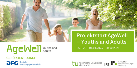 AgeWell Bild einer Familie mit zwei Kindern beim Spaziergang und dem Schriftzug AgeWell, sowie Logos der DFG, TU Dortmund und IFS