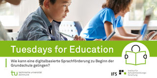 Ein Grundschulkind sitzt am Tablet, darunter das grüne Banner mit dem weißen Schriftzug "Tuesdays for Education"