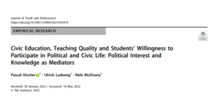 Publikation Pascal Alscher Schwarzer Schriftzug Civic Education, Teaching Quality and Students’ Willingness to Participate in Political and Civic Life: Political Interest and Knowledge as Mediators