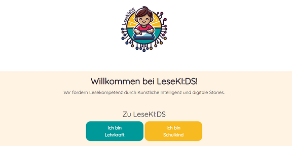 Screenshot der Webseite vom LeseKI:DS-Projekt mit der Grafik eines Kindes am Computer umgeben von einem kreisrunden Schaltkreis