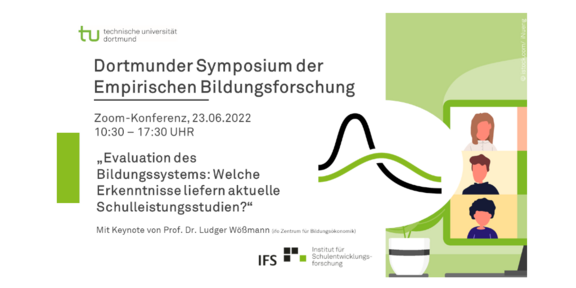 Schwarzer Schriftzug Dortmunder Symposium der Empirischen Bildungsforschung: "Evaluation des Bildungssystems: Welche Erkenntnisse liefern aktuelle Schulleistungsstudien?" und rechts davon das Logo der Veranstaltung, sowie einem stilisierten Bildschirm mit Konferenzkacheln