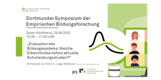 7. Dortmunder Symposium Schwarzer Schriftzug Dortmunder Symposium der Empirischen Bildungsforschung: "Evaluation des Bildungssystems: Welche Erkenntnisse liefern aktuelle Schulleistungsstudien?" und rechts davon das Logo der Veranstaltung, sowie einem stilisierten Bildschirm mit Konferenzkacheln