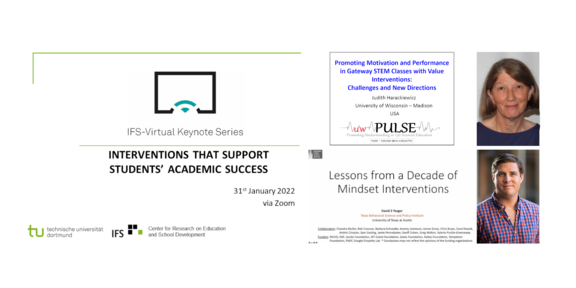 Interventions that support Students' Academic Success Collage der Veranstaltung IFS-Virtual Keynote Series mit den Startfolien der beiden Vorträge, sowie Porträts der zwei Vortragenden.
