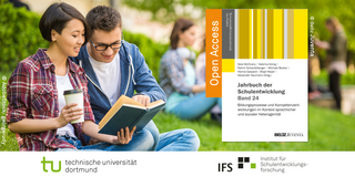 Studierende sitzen auf einer Wiese und lesen in einem Buch, daneben das Cover des Jahrbuches