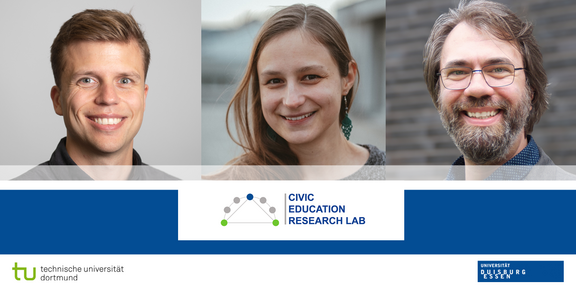 Civic Education Research Lab (CERL) Porträtfotos von Pascal Alscher, Elisabeth Graf und Daniel Deimel über dem Logo des Civic Education Research Lab (CERL)
