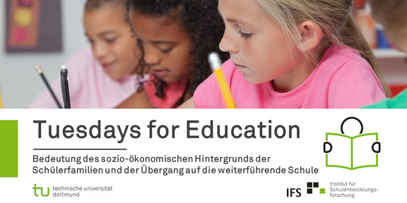 Tuesdays for Education Grundschüler*innen beim Schreiben im Klassenraum mit Bildunterschrift "Tuesdays for Education"