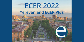 ECER 2022 Dunkelblauer Schriftzug ECER 2022 Yerevan and ECER Plus vor einem Stadtfoto