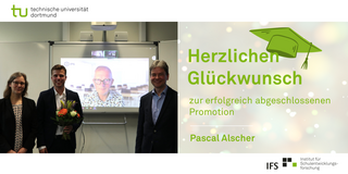 Disputation Pascal Alscher Nele McElvany, Pascal Alscher und zwei weitere Personen stehen vor einer Zoom Konferenz