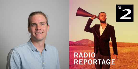 Ulrich Ludewig bei Bayern 2 Portätfoto von Dr. Ulrich Ludewig vor grauen Hintergrund auf der linken Seite und auf der rechten Seite Foto des BR mit weißen Schriftzug "Radio Reportage" und einer Person in Anzug mit Hörhorn am Ohr