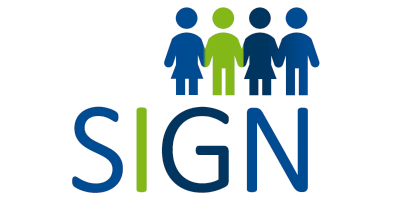 Vier blau-grüne Figuren mit darunterliegenden blau-grünen Schriftzug des Projektnamens SIGN