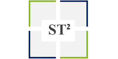 Dunkelblau-grüner Rahmen eines Quadrates und darinliegender Schriftzug des Projektnamens ST2